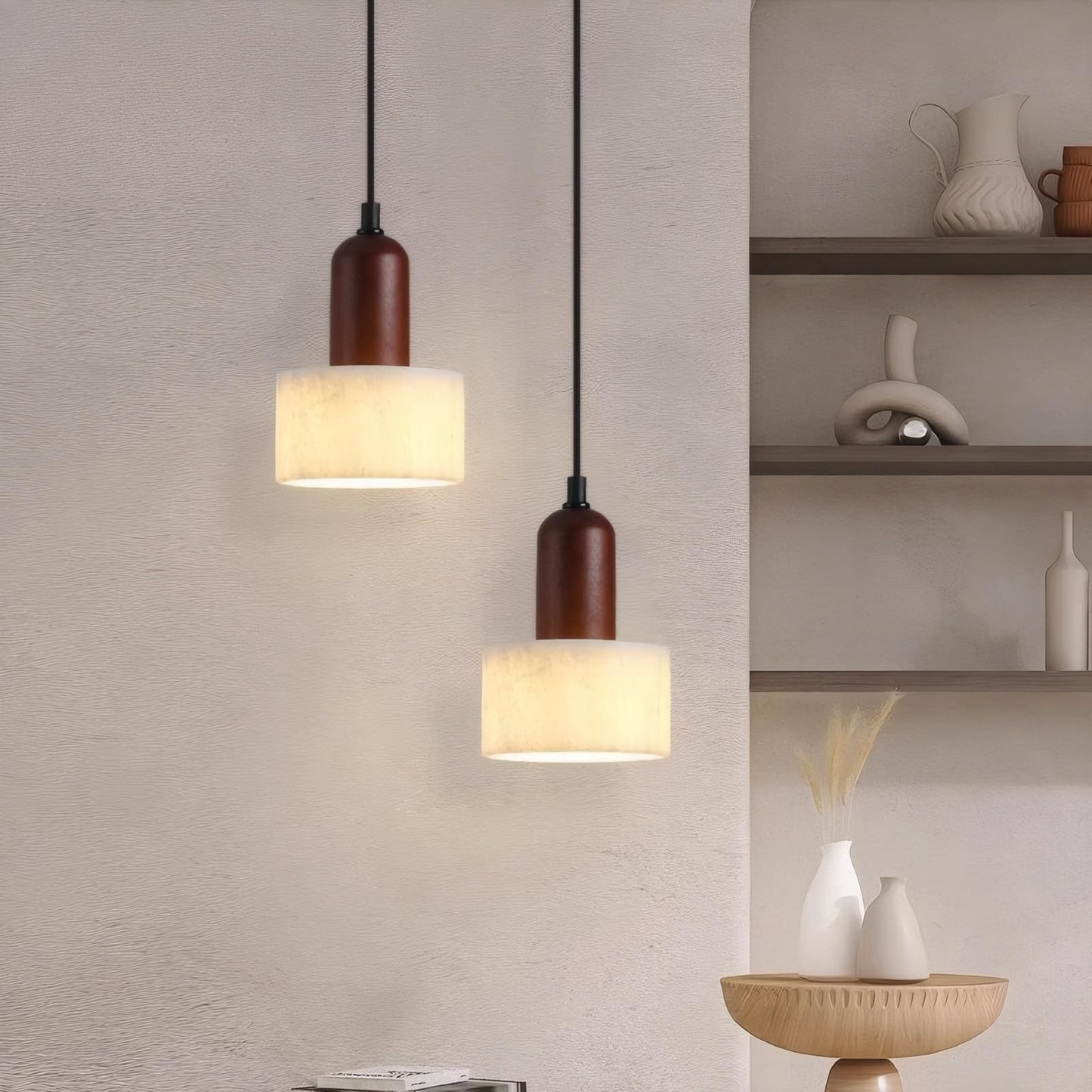Natural Travertine Stone Pendant Light - Japandi Chandelier
