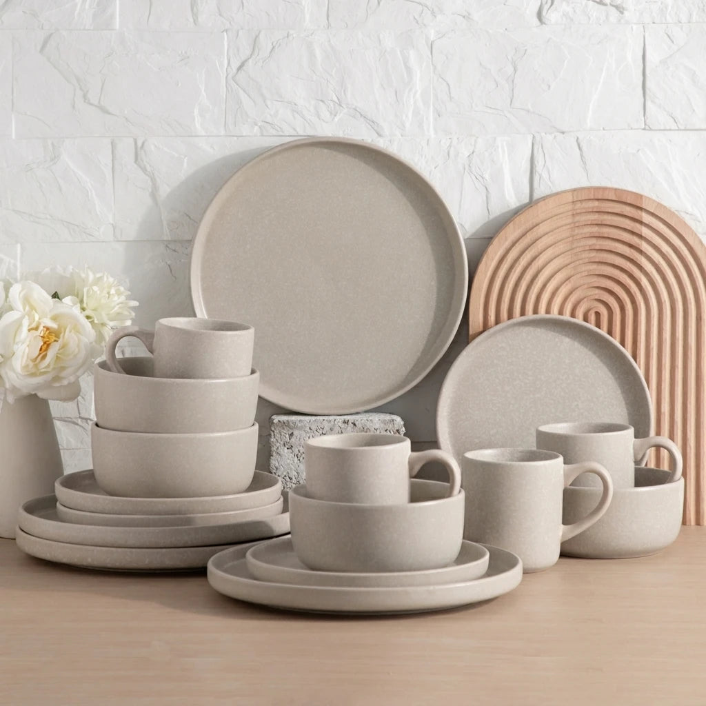 Wabi Sabi 16-Pc Dinnerware Set - Matte Oat Beige Stoneware